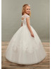 Cap Sleeves Ivory Lace Tulle Unique Flower Girl Dress